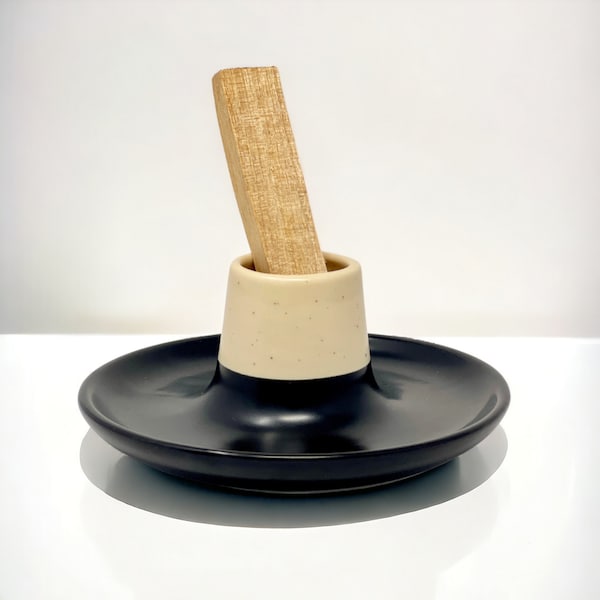 Palo Santo Holder • Glazed Ceramic in Black & Tan • Handmade • For burning smudge sticks or incense