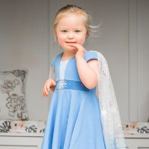 Snow Queen Journey Dress, Ice Queen Twirl Dress, Hi-Lo Circle Skirt, Tulle Split Cape, Princess Halloween Costume, Blue Queen Dress