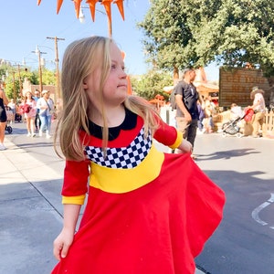 Car Racer Kids Dress, Toddler Theme Park Dress, Bounding Outfit, Cars Checkered Flag Dress, Comfortable Character Dress for Kids