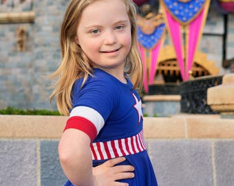 American Hero Dress, Patriotic Twirl Dress, Hi-Lo Circle Skirt, Superhero Halloween Costume, Stars and Stripes Outfit, Red, White and Blue