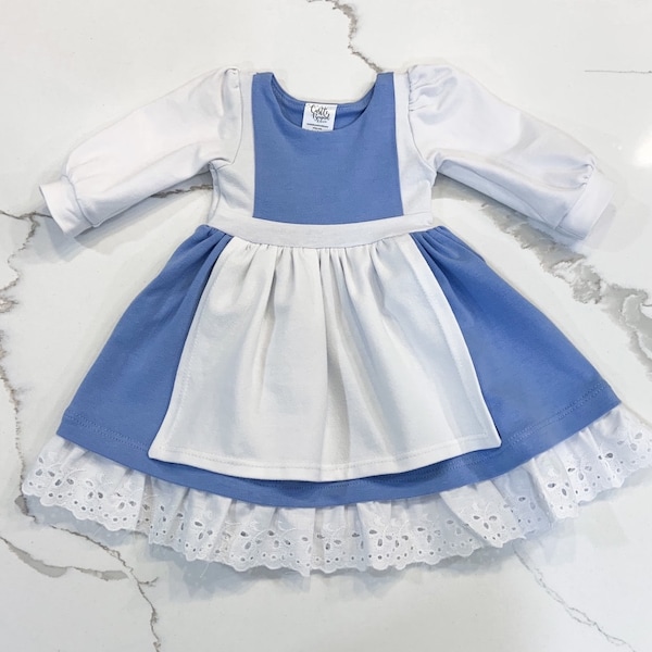 Provincial Life Village Dress, Toddler Princess Dress, Blue and White Apron Dress, Beauty Village Dress, Princess Play Dress | Size NB - 12