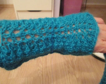 Turquoise hand cuffs with a fine hole pattern - hand-knitted