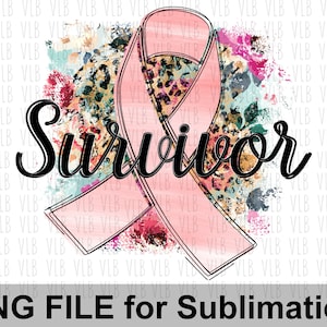 May include: Pink ribbon with a floral and leopard print design, the word "Survivor" is written in black cursive lettering.