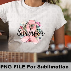 May include: A white t-shirt with a pink ribbon, floral and leopard print design and the word "Survivor" in black text.