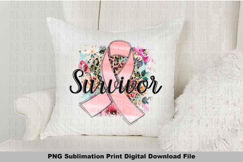 May include: A white pillow with a pink ribbon and floral design. The text "Survivor" is written in black cursive lettering.