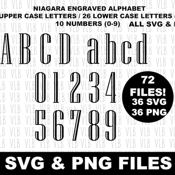 SVG ALPHABET Upper And Lower Case Niagara Engraved - 72 Png and Svg Files, Cricut And Silhouette Designer, Print Or Cut, Buy 3 Get 1 Free