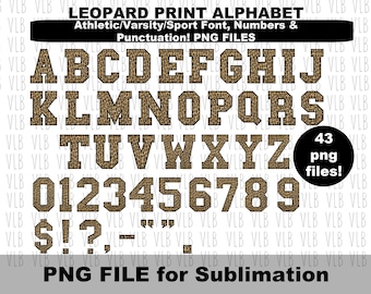 LEOPARD ALPHABET - VARSITY Athletic Sports Letters Png Files For Sublimation, Cheetah Print, Instant Digital Downloads