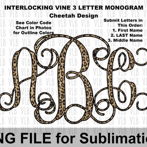 May include: Interlocking vine monogram design with three letters in a cheetah print pattern.  The letters are in a cursive font.  See color code chart in photos for outline colors.  Submit letters in this order: 1. First Name, 2. Last Name, 3. Middle Name.