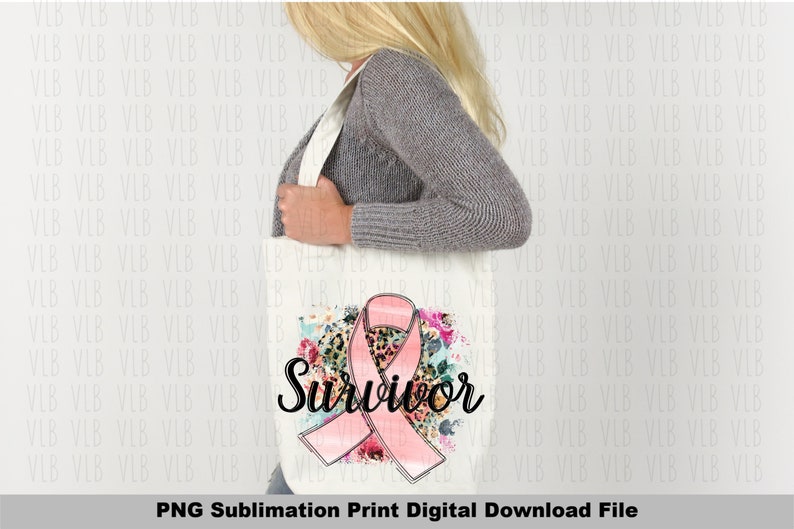May include: A white tote bag with a pink ribbon, leopard print, and floral design. The text "Survivor" is written in black cursive lettering.
