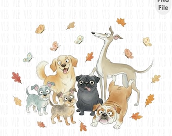 Immagini clipart di cani – Cuccioli, farfalle, foglie (download digitale)