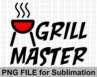 May include: Black and white graphic design with the text "Grill Master" and a red and black grill with steam coming from it.