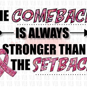 May include: A pink and white patterned ribbon with the text "The Comeback is Always Stronger Than The Setback" in black. The words "Comeback" and "Setback" are in a pink and white patterned font.