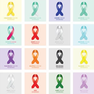 May include: A graphic illustration of 18 different colored ribbon awareness symbols. Each ribbon is tied in a bow and has text below it indicating the type of awareness it represents. The ribbons are arranged in a grid of 3 rows and 6 columns.