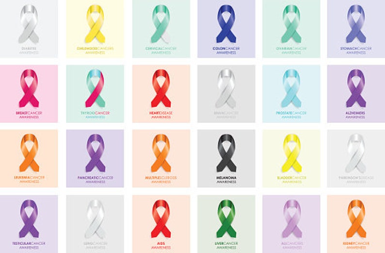 May include: A graphic illustration of 18 different colored ribbon awareness symbols. Each ribbon is tied in a bow and has text below it indicating the type of awareness it represents. The ribbons are arranged in a grid of 3 rows and 6 columns.