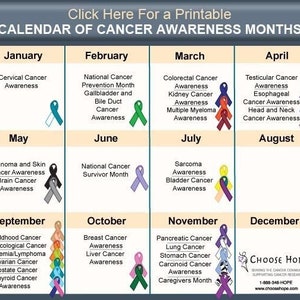 May include: A colorful calendar with a list of cancer awareness months. Each month features a different type of cancer and a ribbon in a color associated with that cancer.