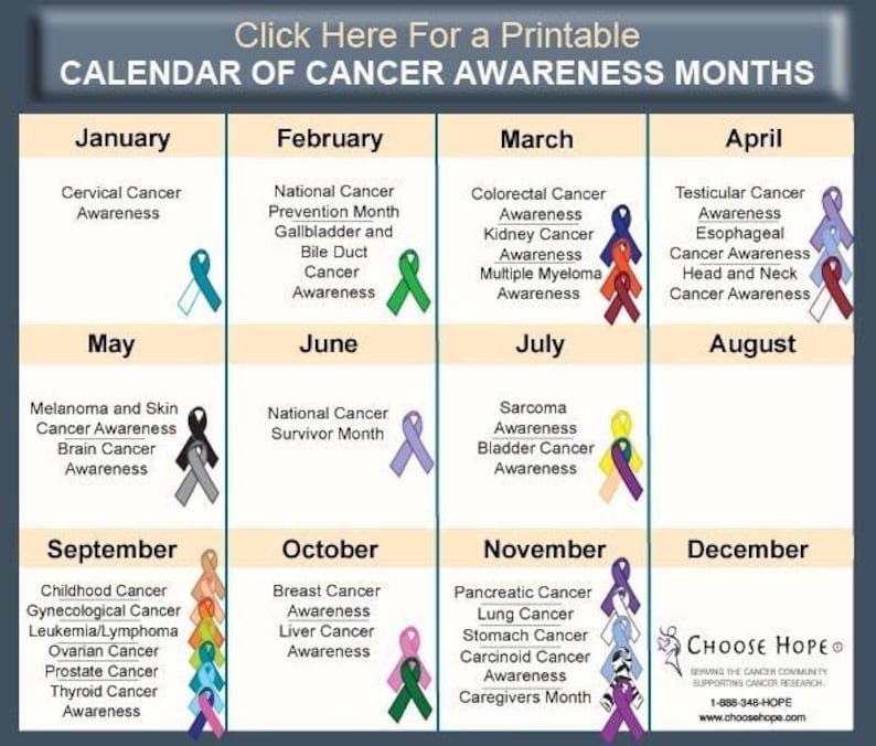 May include: A colorful calendar with a list of cancer awareness months. Each month features a different type of cancer and a ribbon in a color associated with that cancer.