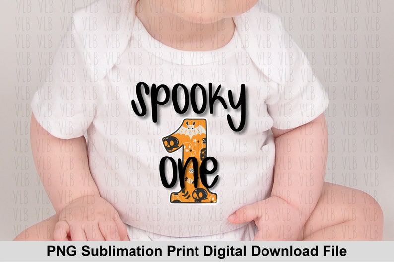May include: A white baby bodysuit featuring the words "spooky one" in black. The number one is orange and decorated with Halloween motifs like bats and skulls. A fun outfit for a baby's first Halloween.