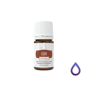 May include: A small brown glass bottle of Young Living Clove Vitality essential oil. The label reads "CLOVE Vitality" and "100% Pure, Therapeutic-Grade Essential Oil Supplement 0.17 fl oz (5 ml)". The bottle has a white cap.