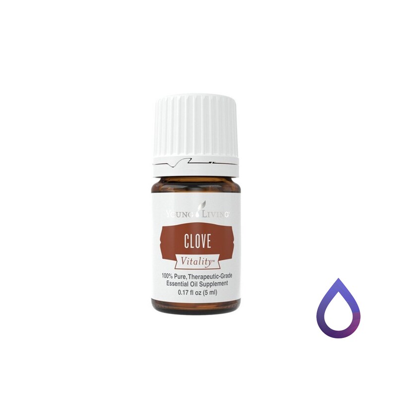 May include: A small brown glass bottle of Young Living Clove Vitality essential oil. The label reads "CLOVE Vitality" and "100% Pure, Therapeutic-Grade Essential Oil Supplement 0.17 fl oz (5 ml)". The bottle has a white cap.