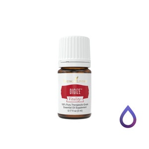 Pode incluir: Uma pequena garrafa de vidro castanho com tampa branca, rotulada "DIGIZE Vitality" em texto vermelho e branco. A garrafa contém 5 ml de óleo essencial. O rótulo também indica "100% Pure, Therapeutic-Grade Essential Oil Supplement."