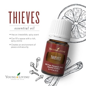 May include: A bottle of Young Living Thieves essential oil. The label reads "THIEVES" and "100% Pure, Therapeutic-Grade Essential Oil Blend 0.17 fl oz (5 ml)". The image includes illustrations of cloves, a cinnamon stick, and a citrus slice.