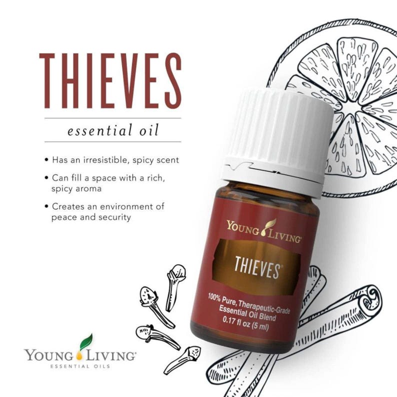 May include: A bottle of Young Living Thieves essential oil. The label reads "THIEVES" and "100% Pure, Therapeutic-Grade Essential Oil Blend 0.17 fl oz (5 ml)". The image includes illustrations of cloves, a cinnamon stick, and a citrus slice.