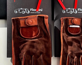 Guantes de conducción de ante marrón con piel de cordero italiana lisa color coñac, para pantalla táctil, AMBRA ROAD de FIORGINI