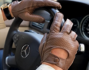 Driving Gloves Unisex gift, Taupe, Cognac Italian NAPPA, Touchscreen, TEMPO