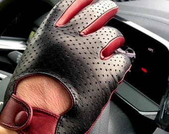 Driving Gloves Burgundy Black Italian CERTIFIED Leather NAPPA, Custom GIFT for him, Handcrafted Car Accessories Touchscreen-friendly fingers