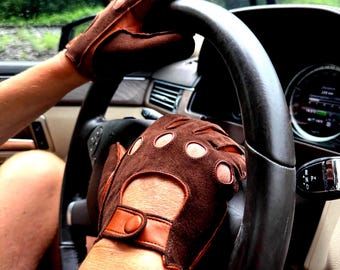 Men's Brown Suede Driving Gloves: Genuine Italian Nappa, Lamb Leather, Touchscreen, Luxury Car Accessories