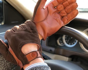 Men’s Driving Gloves – Brown Suede & Cognac Leather | Full-Finger with Sensor Touch | Handcrafted Luxury Car Accessories | Gift for Him