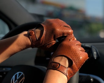 Damen Autohandschuhe Fingerlos Stilvolles Geschenk für sie Beige Schwarz Blau zertifiziertes italienisches Nappa Handgefertigter Komfort Stilvolle Fahrhandschuhe