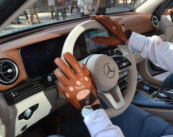 Driving Gloves Brown/Cognac Leather Italian NAPPA Fashion Car Accessories Handcrafted custom GIFT for him Perfect crafts work quality seams.
