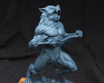 May include: A gray werewolf figurine in a dynamic pose, tearing at its own skin. The figure is muscular, with detailed fur and a snarling expression. It stands on a rocky base with skulls.