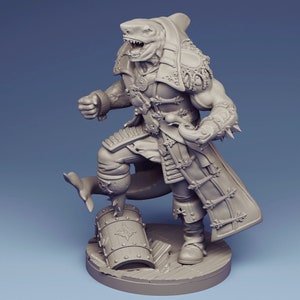 May include: A detailed figurine of a shark-headed humanoid pirate, clad in ornate armor and a long coat. The figure is stepping on a treasure chest, with a shark fin and a sword. The color is a neutral gray.
