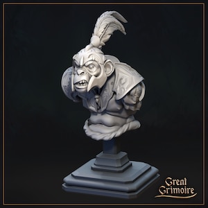 May include: A detailed, gray bust of a primate warrior with a feathered headdress and armor. The sculpture features a stern expression and is mounted on a square pedestal. The Great Grimoire logo is visible.