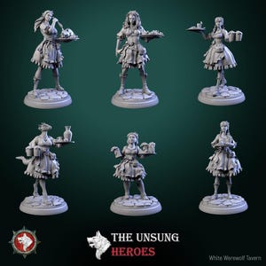 May include: Six grey miniature figurines of tavern servers, each carrying trays with food and drinks. The figures are dressed in period clothing, with detailed skirts and aprons. Each figure stands on a stone-like circular base. The text "THE UNSUNG HEROES" is visible.