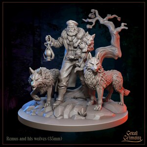 May include: A detailed figurine depicting a man with a long beard, holding a lantern and two wolf cubs, surrounded by two adult wolves. The sculpture is set on a rocky base with a bare tree in the background. The text "Remus and his wolves (35mm)" is at the bottom.