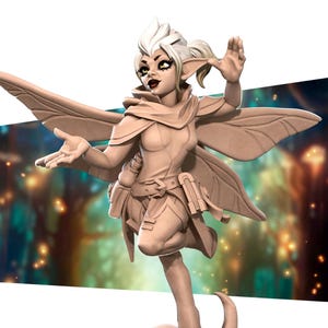 May include: A tan-colored figurine of a fairy with large wings, pointed ears, and white hair. The fairy is wearing a tunic, cape, and belt with pouches. The background is a blurred image of a forest with colorful lights.