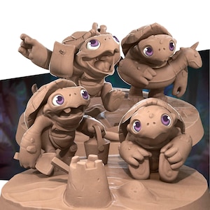 May include: Four brown turtle figurines with purple eyes in a playful scene. One points, another holds a bucket, and a third appears to be riding a toy. A sandcastle is also present.