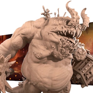 May include: A beige monster figurine with large horns, sharp teeth, and a muscular physique. The creature has a large belly and carries a wooden structure with skull details. Swords and other objects are attached to its back.