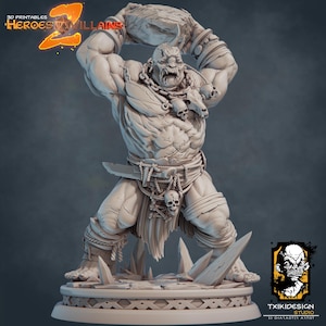 May include: A detailed 3D-printed figurine of a muscular, monstrous character from the "Heroes & Villains 2" series. The figure is holding a large rock overhead, with intricate details on the skin, clothing, and base. The figure has a menacing expression.