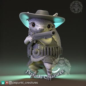 May include: A 3D-rendered figurine of a creature dressed as a cowboy, wearing a hat, vest, and a belt with bullets. The creature is holding a gun. The figurine is gray with a slight green glow.