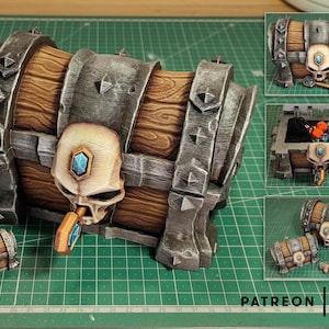 May include: A detailed treasure chest with a skull-shaped lock and key. The chest has a wooden barrel design with metal bands and studs. The skull has a blue gem. Several smaller chests are also shown. The word "PATREON" is visible.