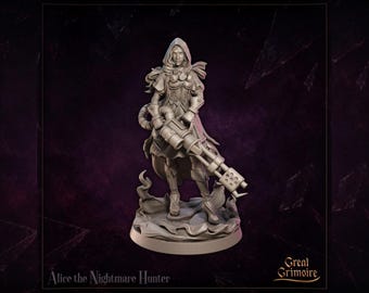 Female Nightmare Hunter Miniature, Alice | Tabletop RPG Miniature | Great Grimoire | Roleplaying 3D Printed Fantasy Mini