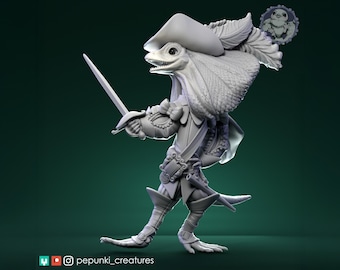 Frilled Musketeer Miniature | Tabletop RPG Miniature | Pepunki Creatures | Roleplaying 3D Printed Fantasy Mini