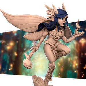 May include: A detailed figurine of a fantasy fairy with large wings, dark blue hair, and a stern expression. The fairy is posed dynamically, holding a staff and a small object. The figure is in a forest setting.
