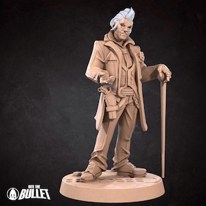 May include: A tan-colored figurine of a man in a long coat, vest, and pants, holding a cane. The figure has a gun holster and a distinctive hairstyle. The base of the figurine has the words "Into the Bullet".