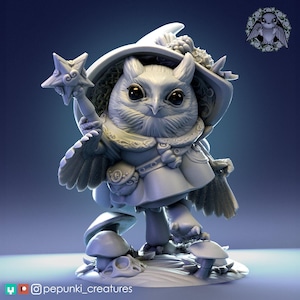 Owl Mage Miniature | Tabletop RPG Miniature | Pepunki Creatures | Roleplaying 3D Printed Fantasy Mini