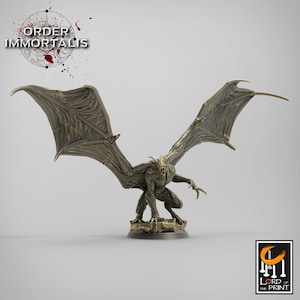 May include: A bronze gargoyle sculpture with large, detailed wings and a threatening stance. The statue features intricate textures and sharp claws. The image includes the text "ORDER IMMORTALIS" and "LORD OF THE PRINT".